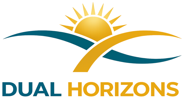 Dual Horizons logo with a sun above two crossing waves