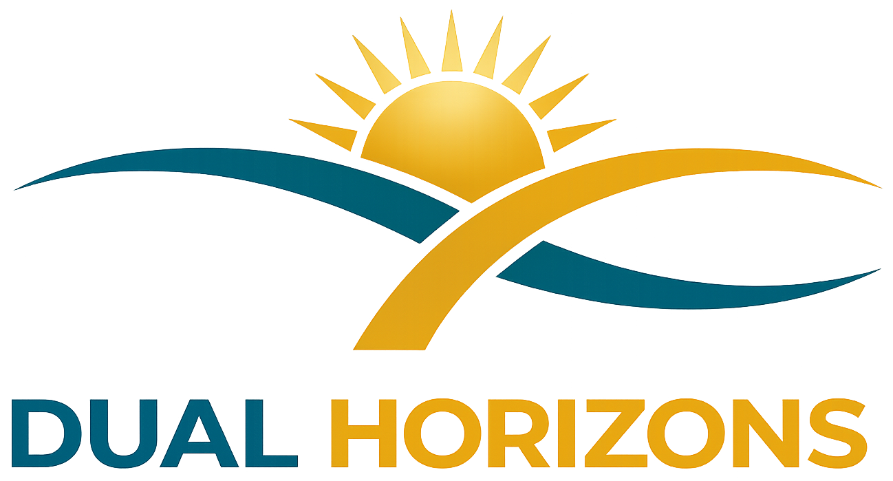 Dual Horizons logo with a sun above two crossing waves