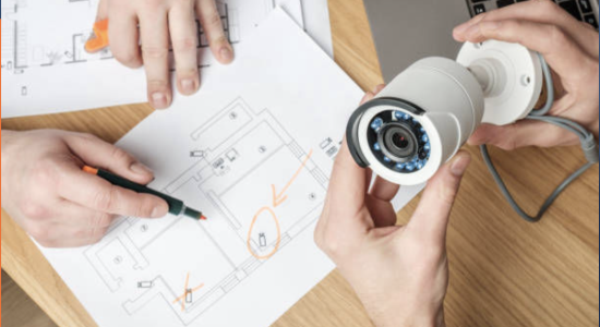 Hands holding a bullet security camera over a floor plan marked with camera positions