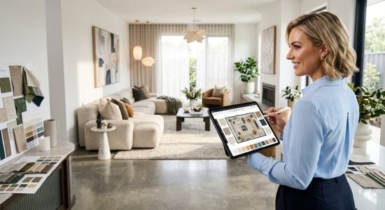Woman holding tablet floor plan beside fabric swatches for property staging of a living room